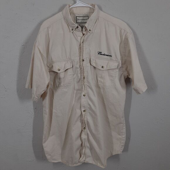 Field And Stream Button Down Short Sleeve Mens Sz L Beige Budweiser Shirt - Picture 1 of 9